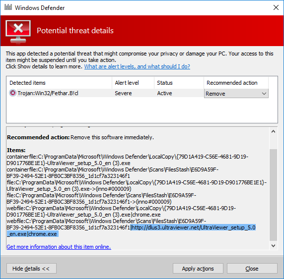 Window Defender nhận dạng nhầm UltraViewer là Trojan:Win32/Fethar.B!d 